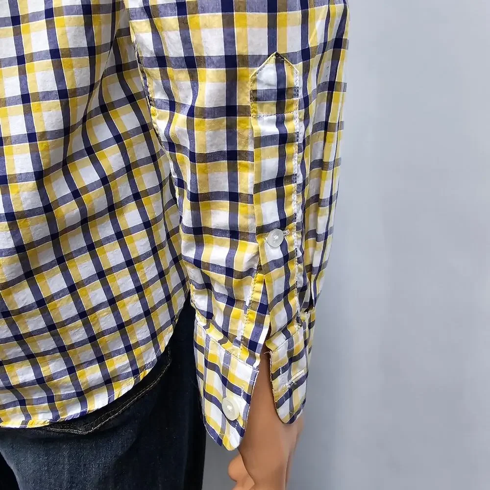 J. Crew NY Light Weight Shirt Men S Button Down Yellow Navy White Check Plaid